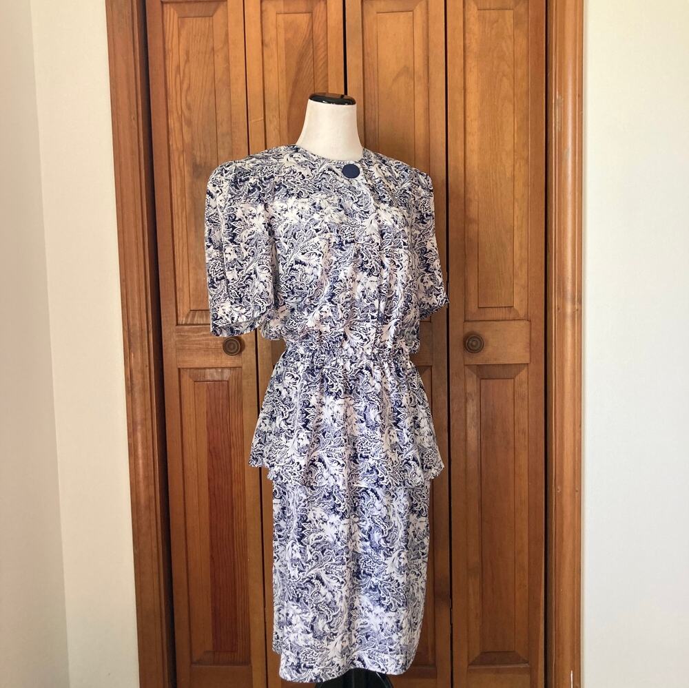 Luci Letting Blue and White Floral Peplum Dress, Size 14 Tall
